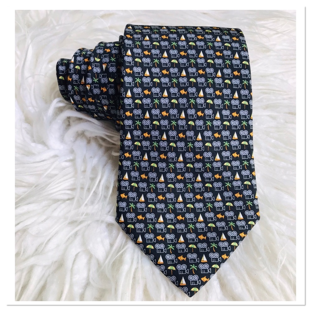 Salvatore Ferragamo 100% Silk Tie Fish Palm Tree Print Black Multicolour